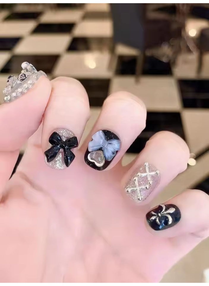 Goolsky Sheer Lace Bear Nail Art Patches Dark Lolita Handmade Wearable Nails Removable Bow Diamond Glitter Sweet Cool Fake Nails - Image 5